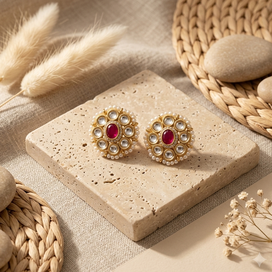 Royal Ruby Pearl-Studded Floral Stud Earrings
