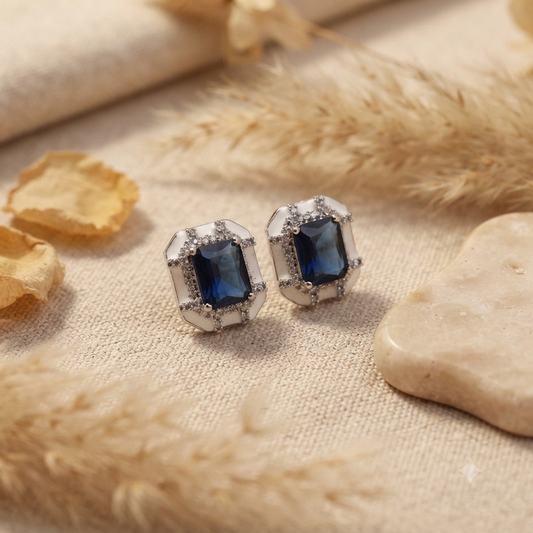 White Enamel Blue Stone Earrings