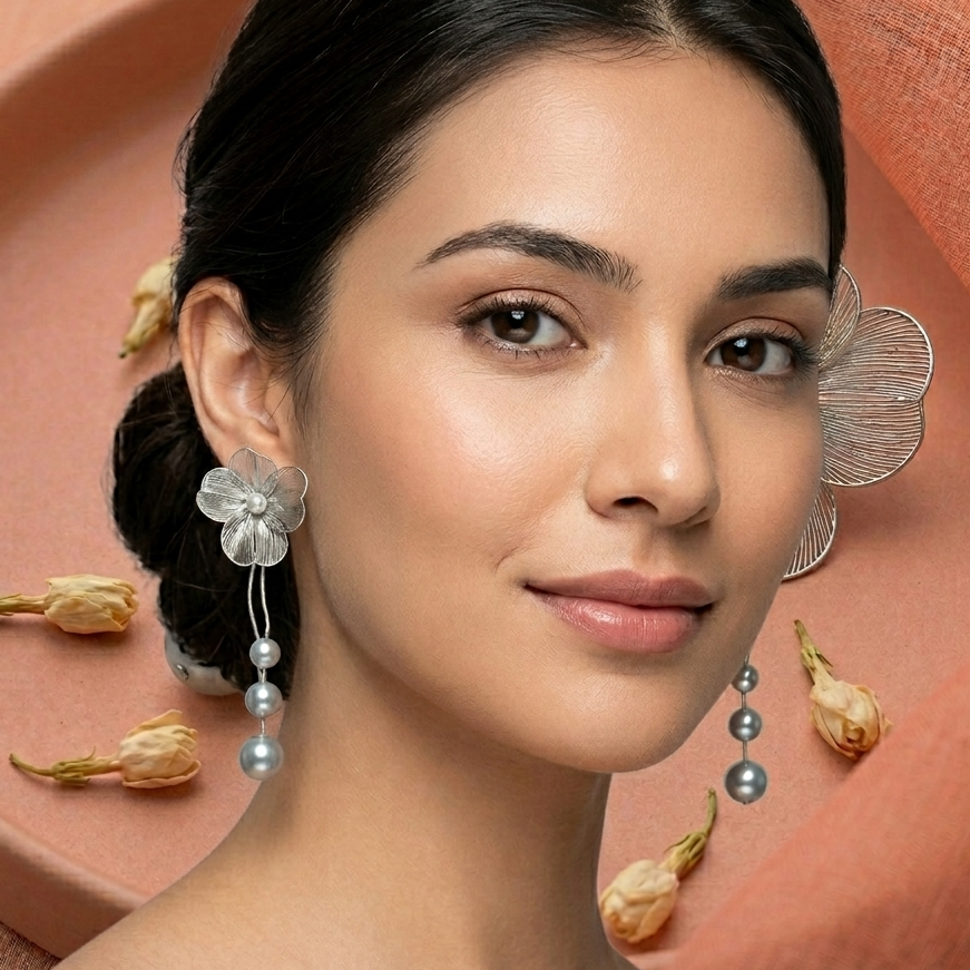 Silver Toned Flower Earrings With Pearl Tassels