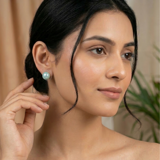 Embossed Sea Green Pearl Stud Earrings