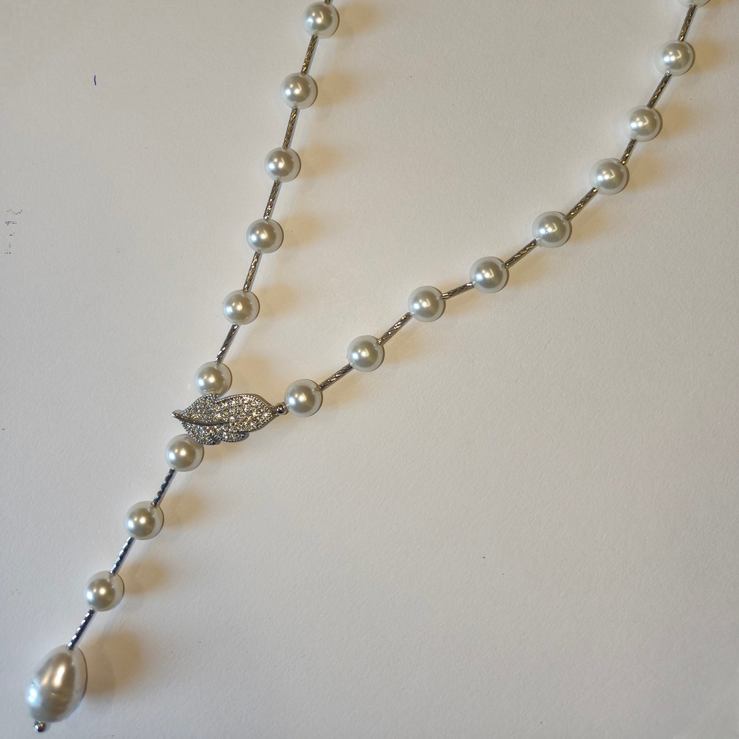 White Pearl Leaf Brooch Necklace