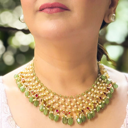 Nitasha Pearl and Green Drop Necklace Set