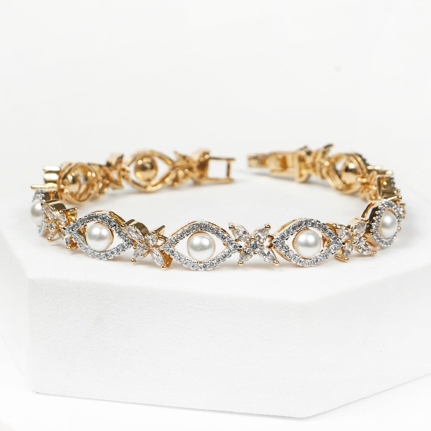 Gold Plated Pearl and Zirconia Tennis Bracelet