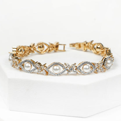 Gold Plated Pearl and Zirconia Tennis Bracelet