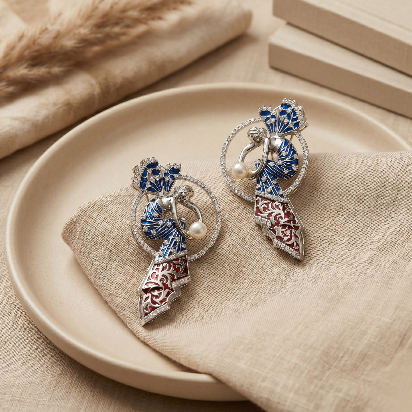 Blue & red lady grab pearl earring