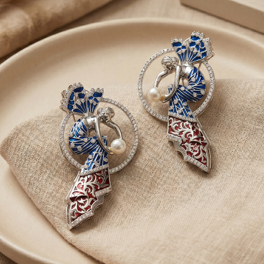 Blue & red lady grab pearl earring