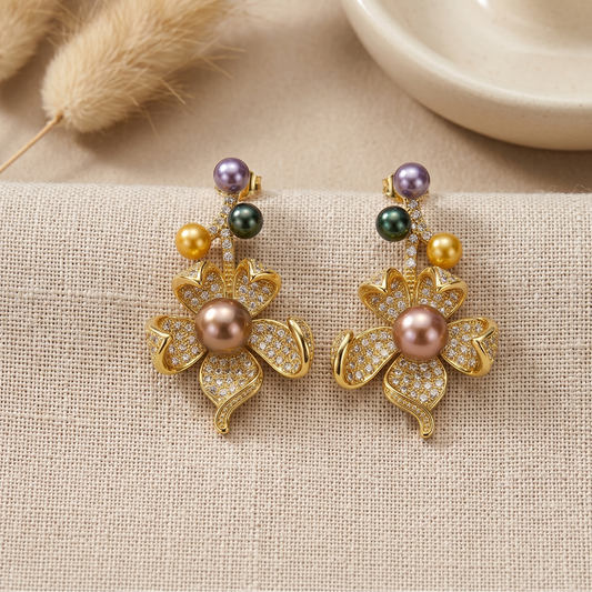 Green purple yellow pearls earring