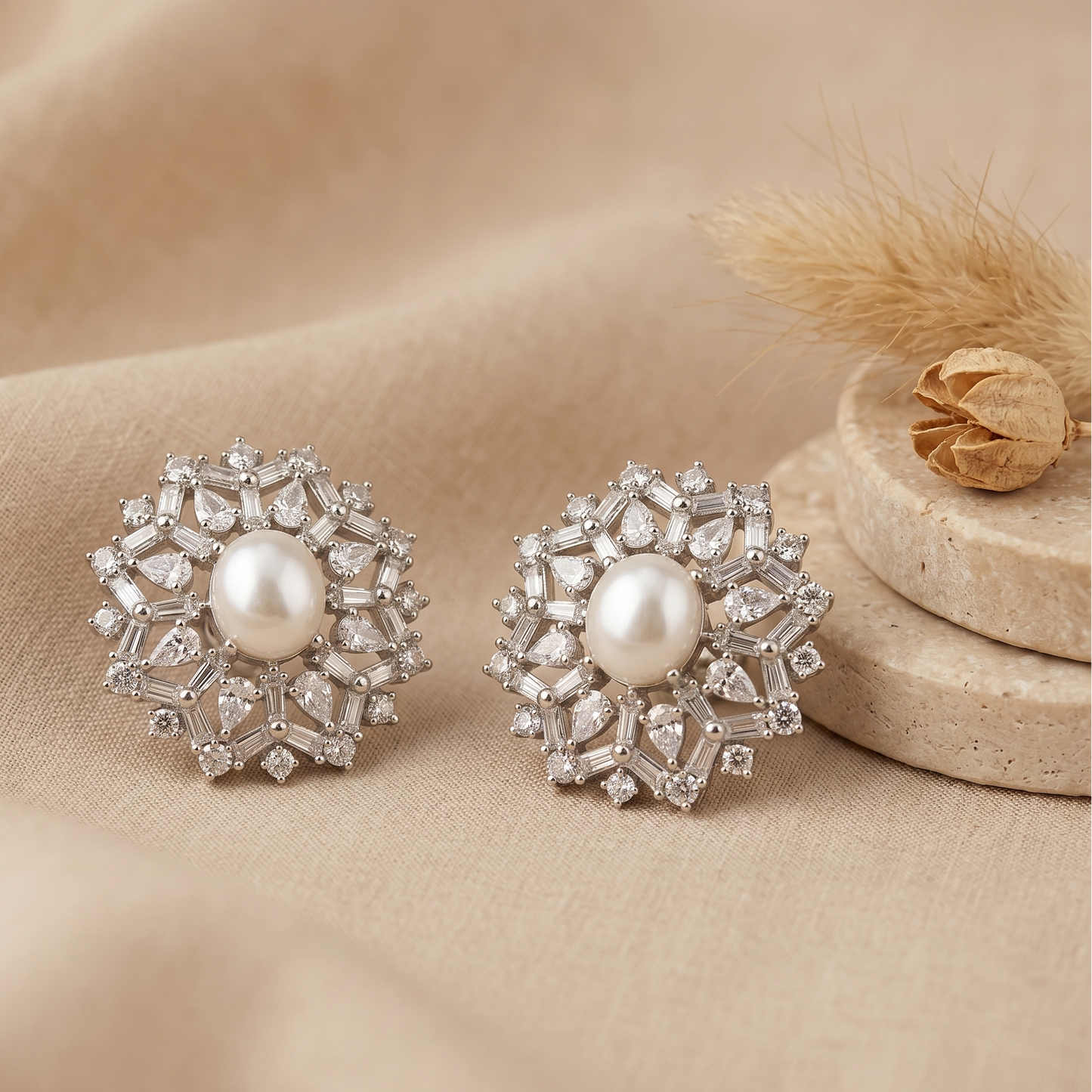 Silver flower with pearl earring