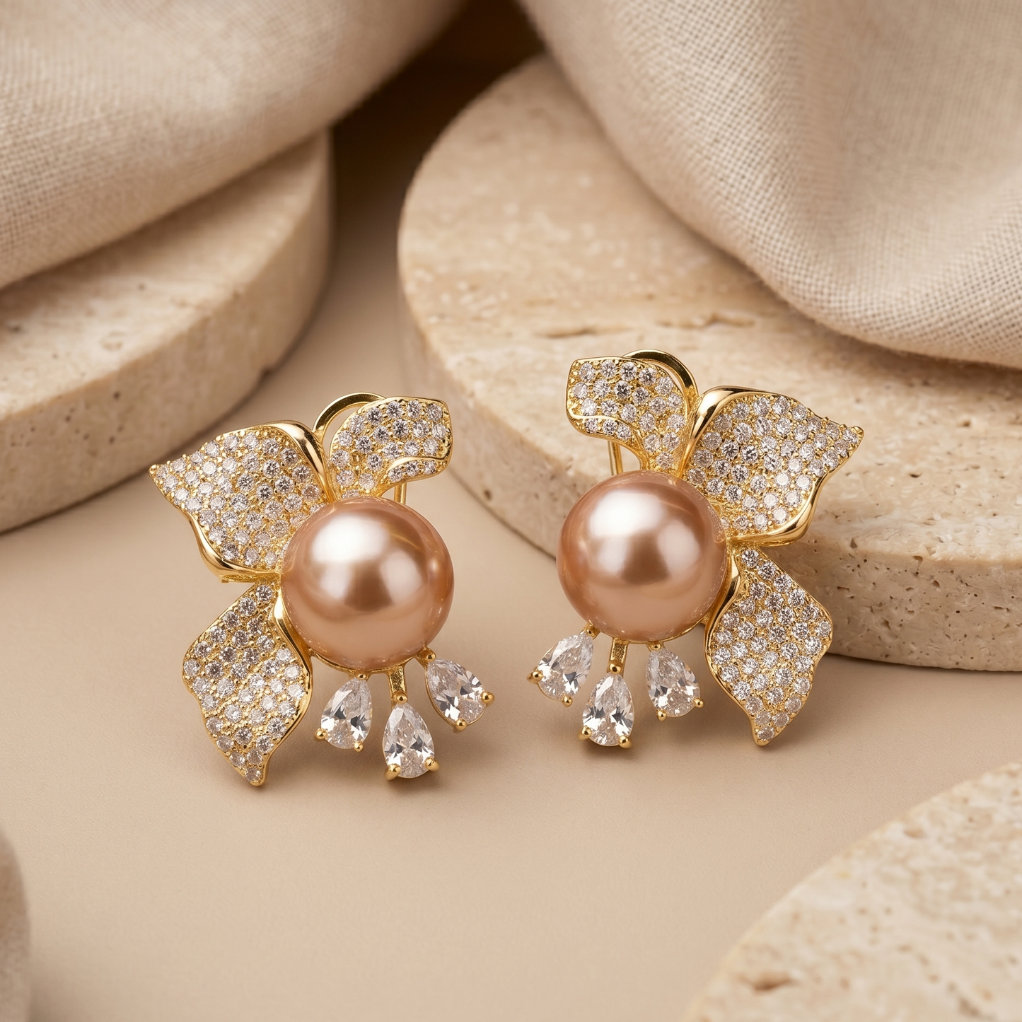 Flower with beige pearl earring