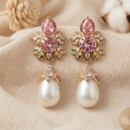 Two Pink Stone with pearl earring