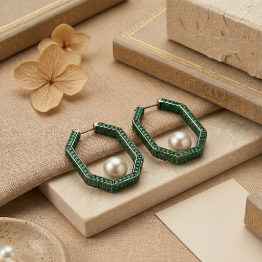 Green with pearl earrings