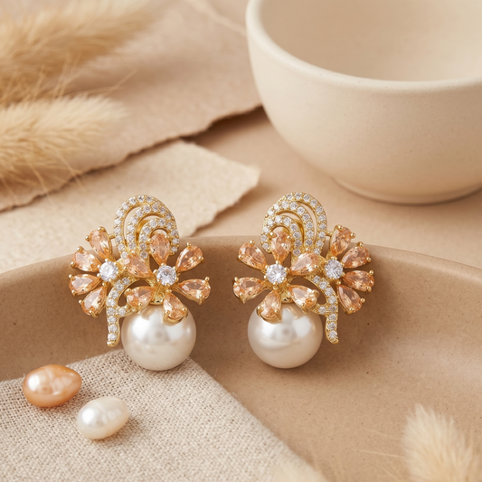 Champagne Stone Studded Pearl Earring