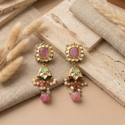 Pink Stone Kundan Earrings