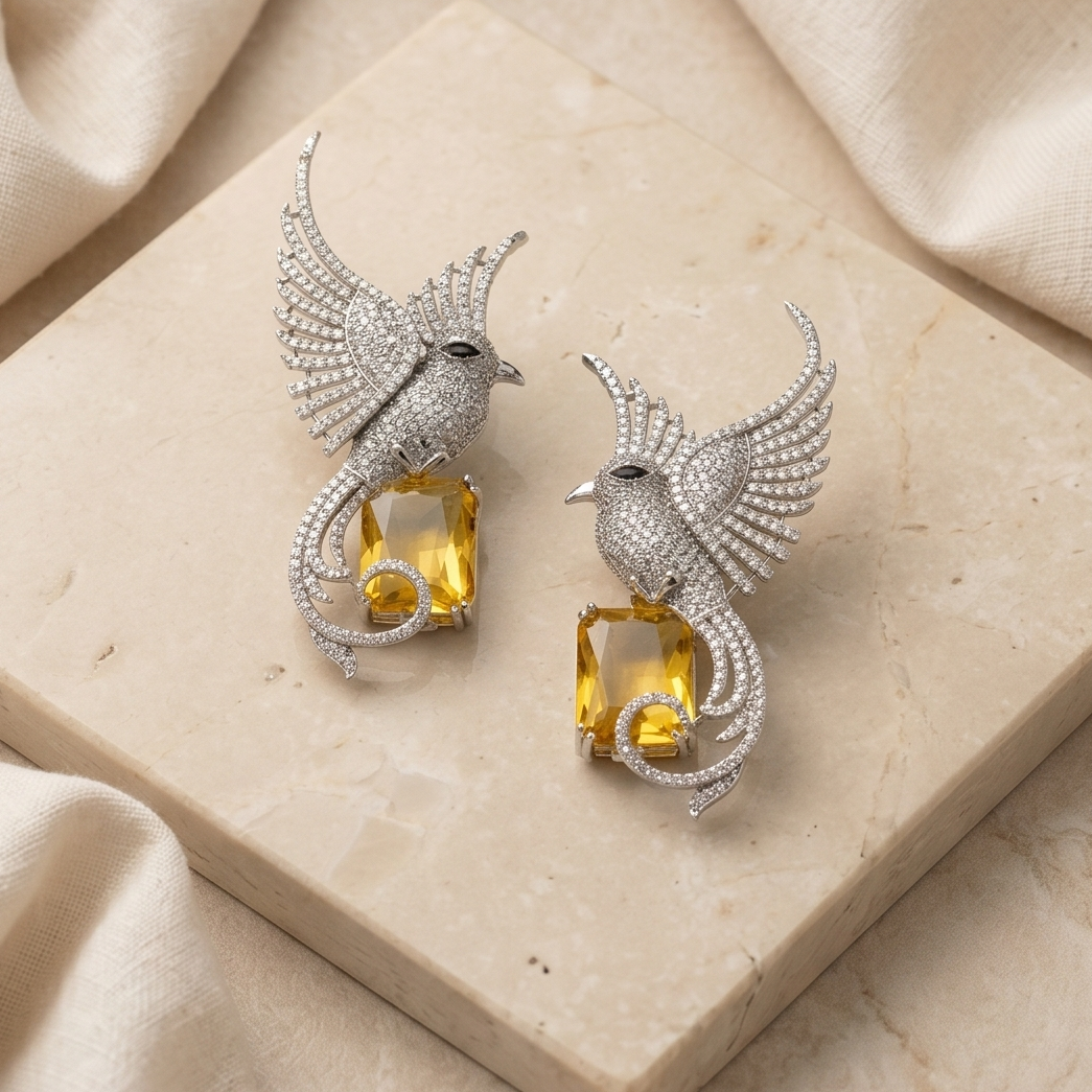 Silver bird with yellow stone earrings