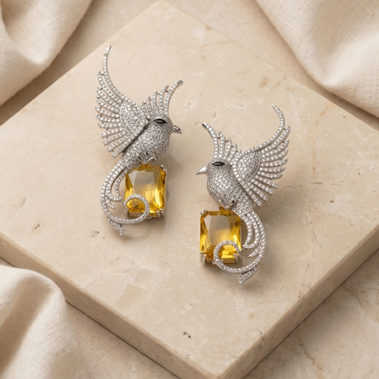 Silver bird with yellow stone earrings