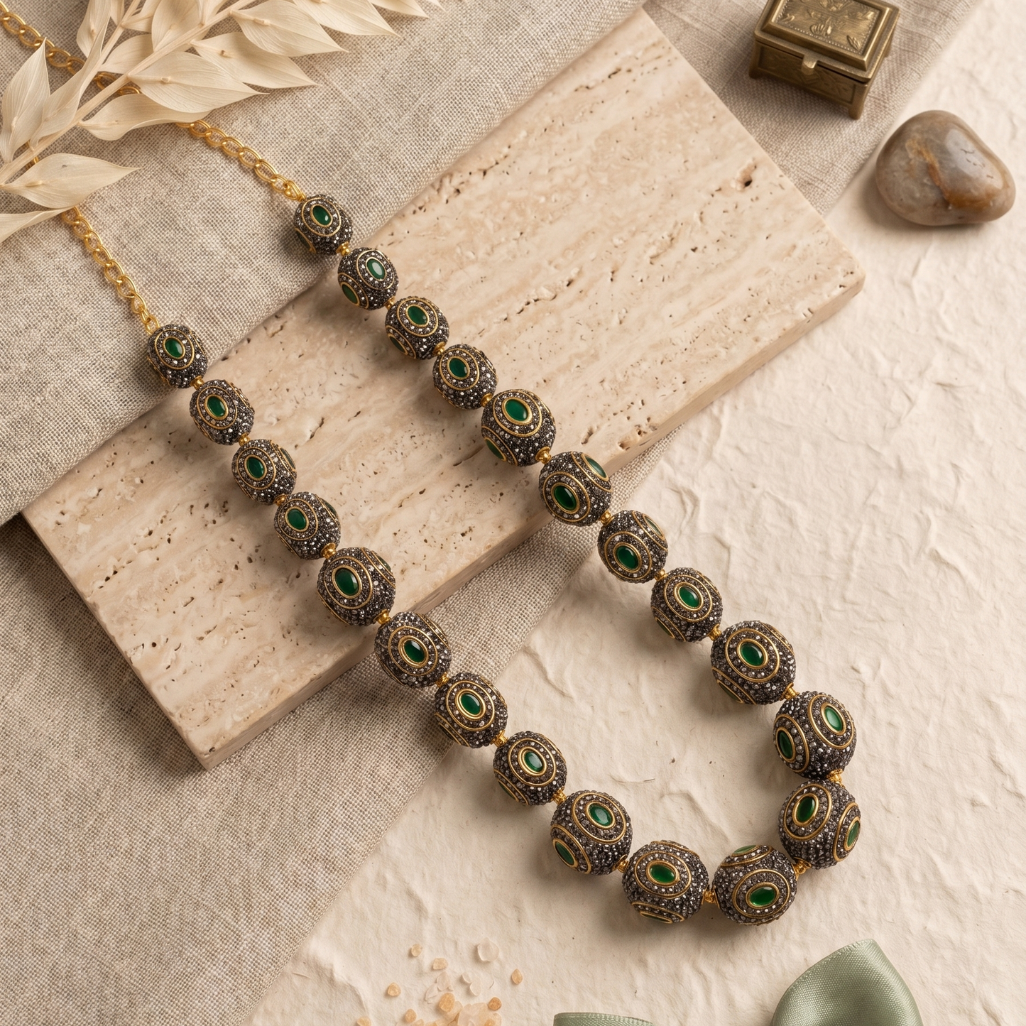 Green stone mala necklace