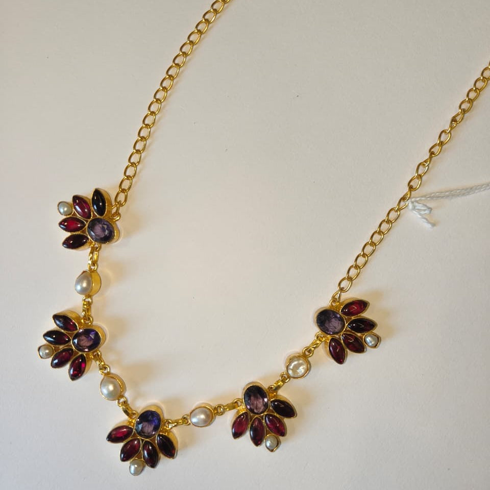Purple Flower With Pearls Necklace
