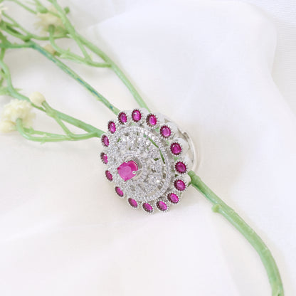 Ruby Colour Stone Studded Adjustable Ring