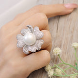 Adjustable Pearl and Zirconia Ring
