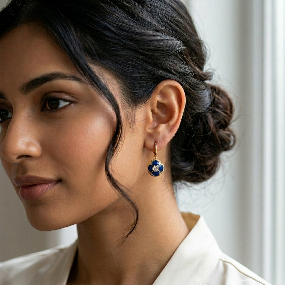 Midnight Blue Enamel Floral Earrings