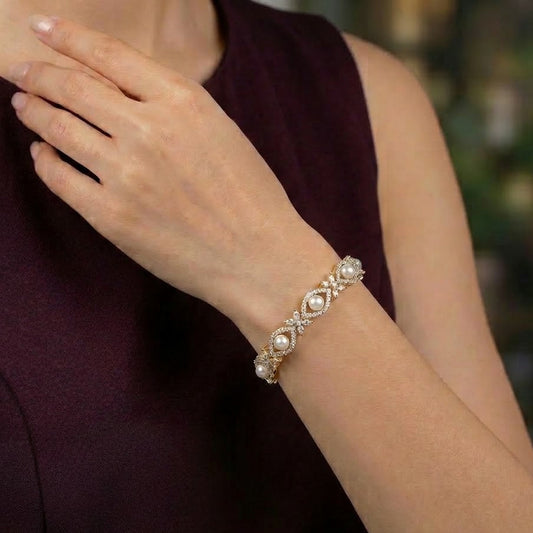Gold Plated Pearl and Zirconia Tennis Bracelet