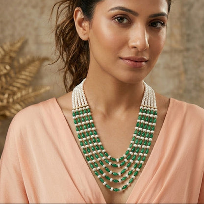 Smidha Layered Pearl and Green beads Necklace