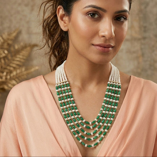 Smidha Layered Pearl and Green beads Necklace