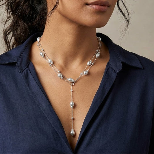 Silver Wired Long Pearls Necklace