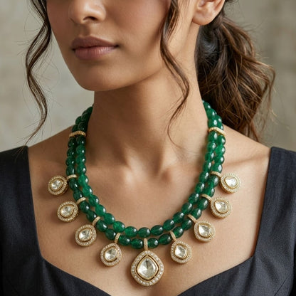 Green Beads Polki Necklace