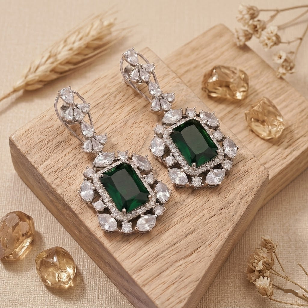 Pritika Emerald Toned American Diamond Earrings