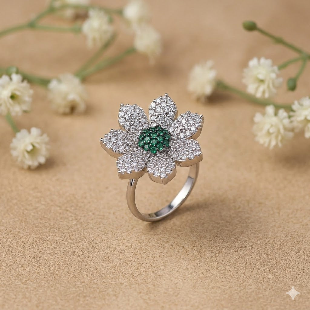 Zirconia Adjustable Flower Ring