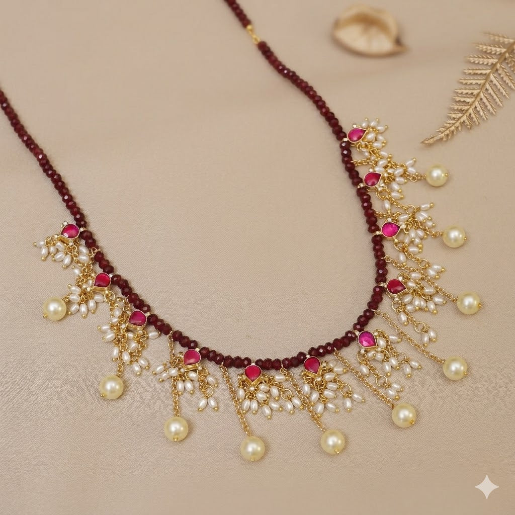 Ruby and Pearl Droplet Necklace