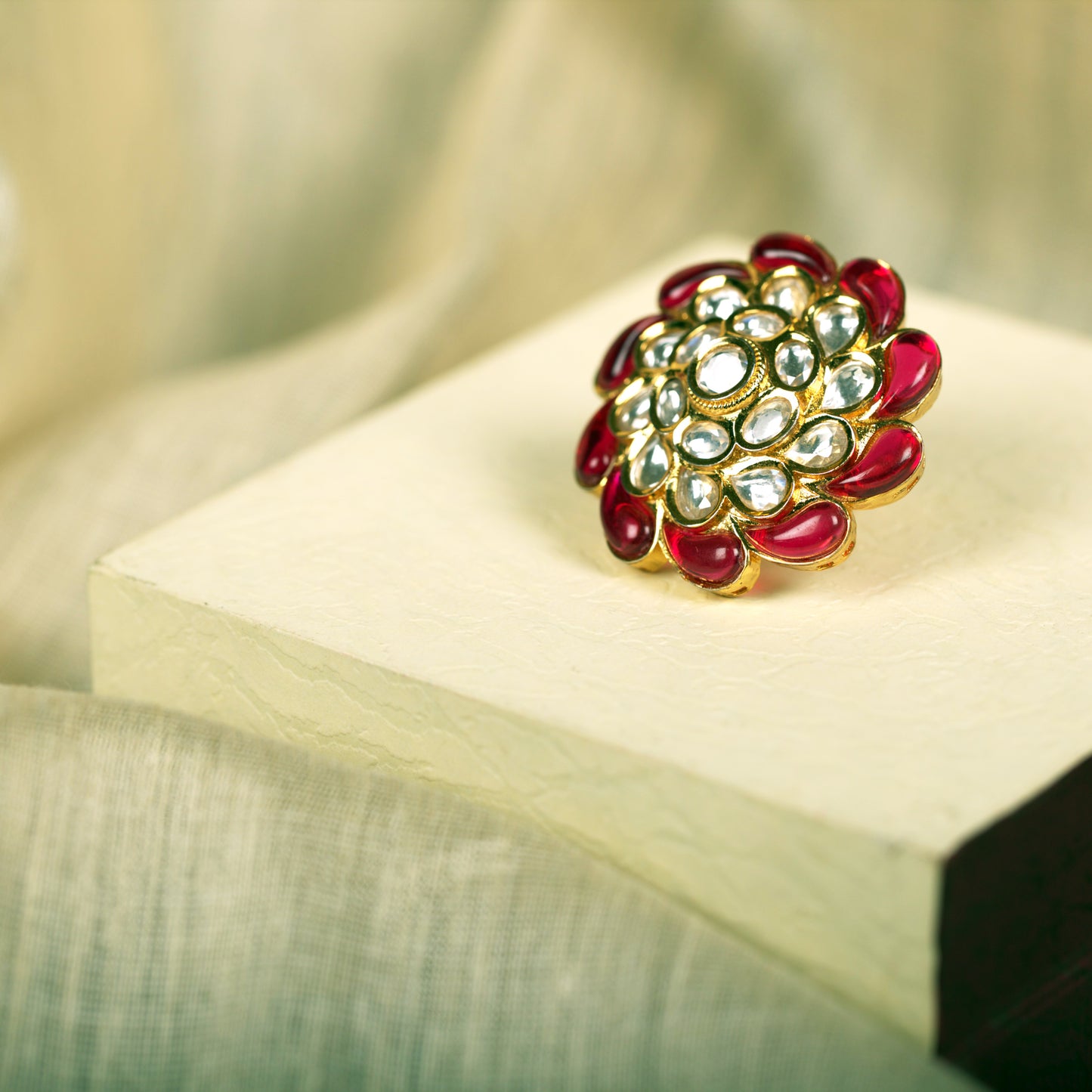 Gold Plated Deep Pink Kundan Ring