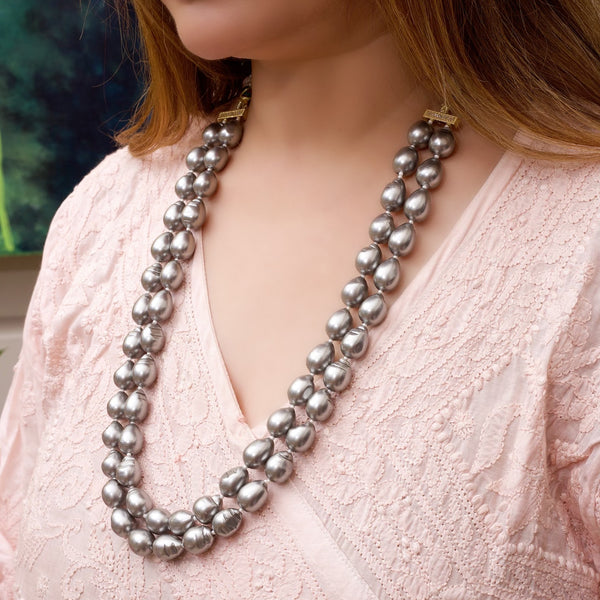 Double Line Grey Pearls Necklace Set