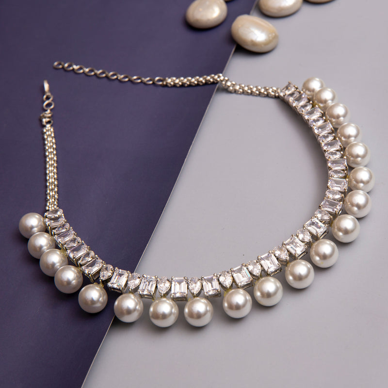 Baguette & Pearl Necklace Set