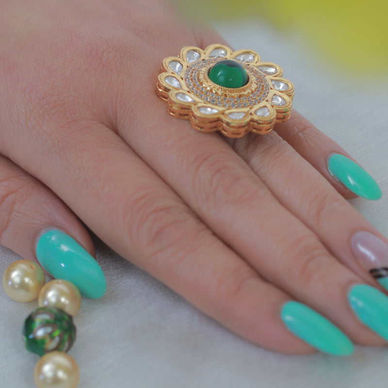 Gold Tone Green Kundan Ring