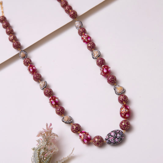 Deep Pink Tanjore Beads Necklace