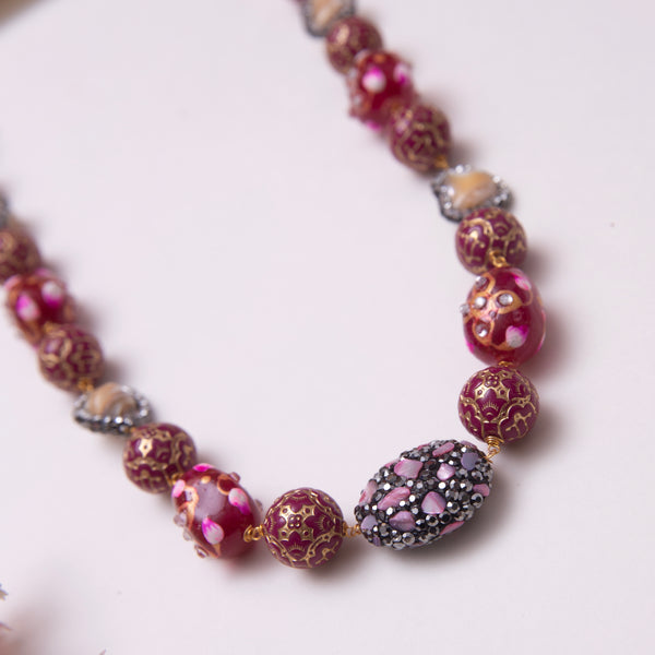 Deep Pink Tanjore Beads Necklace