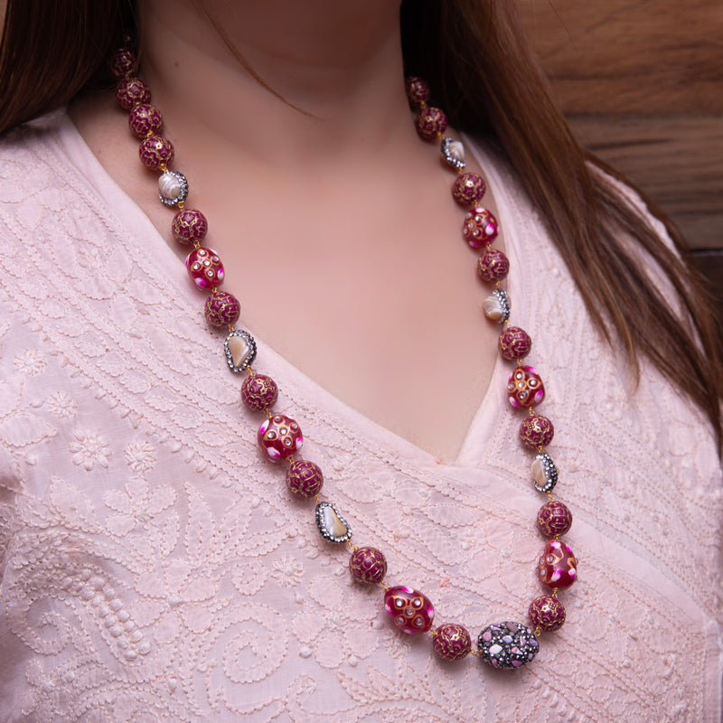 Deep Pink Tanjore Beads Necklace